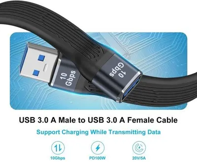 Productafbeelding van USB Verlengkabel Plat 13 cm - USB-A naar USB-A - 10 Gbps SuperSpeed - 100W Snelladen - 4K@60Hz