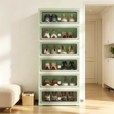 Imagen del producto de Armario para zapatos INONEFT con puertas, zapatero, 6 compartimentos, cierre magnético, diseño plegable, estante superior, 45x34x106 cm, verde