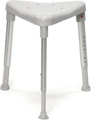 A white shower stool with adjustable legs on a white background.