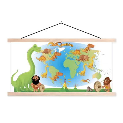 Produktbild von MuchoWow® Textilposter Weltkarte Kinder - Dinosaurier - Vulkan 60x30 cm mit holzfarbenen Rahmen - Dekoration