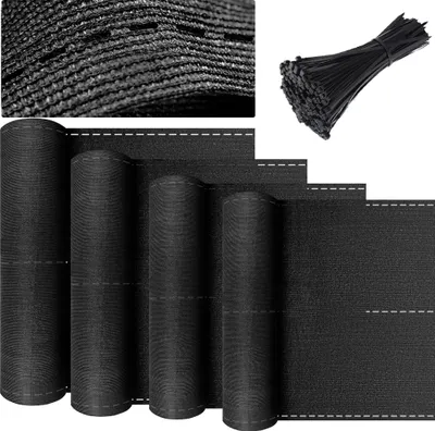 A collage of product images showing a close-up of black fabric, a bundle of black zip ties, and several rolled-up pieces of black shade netting with white stitching.