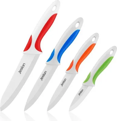Produktbild von Unyqoos® Keramikmesser-Set 4‑teilig, Zirkonia-Klingen – 3" Schälmesser, 4" Obstmesser, 5" Allzweckmesser, 6" Küchenmesser, mehrfarbig, mit Schutzhüllen