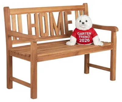 Produktbild von Gartenbank Teakholz 120 cm mit Motiv-Rückenlehne – massiv, wetterfest, zeitlos
