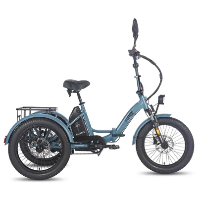 A blue electric tricycle with fat tires is shown against a white background.