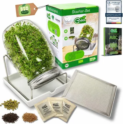 Zdjęcie produktu dla Słoik do kiełkowania 1000 ml, sitko ze stali nierdzewnej, stojak, miska ceramiczna, sitko do rzeżuchy, do