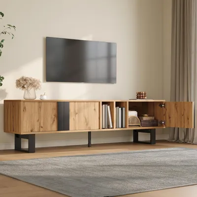 Produktbild von MODFU Lowboard mit 3 Türen,TV-Schrank mit offenen Ablagen, Fernsehbank in Holzoptik mit schwarzen Eisenbeinen,Wohnzimmerschrank mit Kabelöffnungen