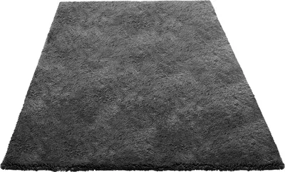 A dark gray, plush rug is shown from a slightly elevated angle against a white background.