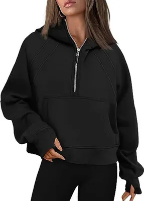 Produktbild von ASKSA Damen Kapuzenpullover Kurze Halbem Reissverschluss Sweatshirt Fleece Hoodie, Schwarz, XL