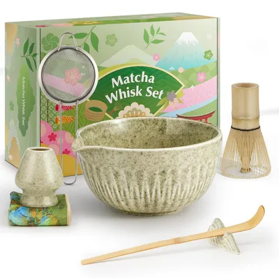 Obrázok produktu pre Sada na prípravu matcha, 7-dielna: miska, bambusová metlička, lyžička, držiak, sitko a handrička