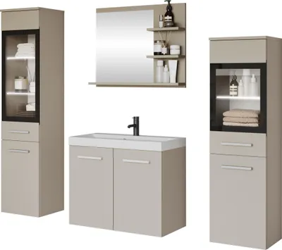 Produktbild von MIRJAN24 Badmöbel-Set Madrit I, Badezimmer-Set mit Spiegel und Waschbecken (Farbe: Cashmerebeige, mit Siphon, mit weißer LED Beleuchtung)
