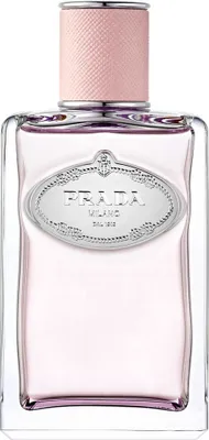 A studio shot of a bottle of Prada Infusion de Rose perfume.