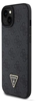 A black iPhone case with a textured pattern and a Guess logo.