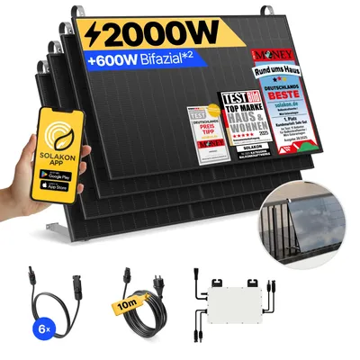 Produktbild von Balkonkraftwerk 2000W Solaranlage mit Balkon Halterung Steckerfertig Komplettset Photovoltaik Anlage 800W, Kabellänge: 10m, Solakon - onPower