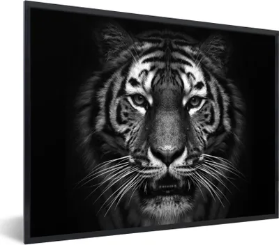 Produktbild von MuchoWow® Gerahmtes Poster Tiger - Tiere - Schwarz - Weiß - Porträt - Wild 80x60 cm - Poster mit Schwarzem Bilderrahmen Wandposter Rahmen Foto Bilder - Schwarzem - Mit Gestell