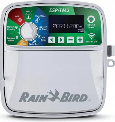 A Rain Bird ESP-TM2 irrigation controller is shown against a white background.