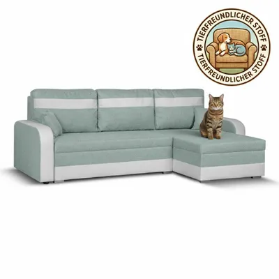 Produktbild von KomfortWelt24 Ecksofa mit Schlaffunktion und praktischem Bettkasten - Bequemer Eckcouch 214x140 cm L-Form CONDI Mint/Weiß