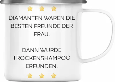 Produktbild von Trendation - Lustige Emaille Tasse mit Spruch für Frauen Männer Arbeit Büro Lustig Emaille Tassen Becher mit Sprüchen Kollegin Geschenk Sarkasmus Trockenshampoo (Silber)