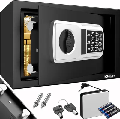 Produktbild von Deuba® Tresor Safe 31x20x20cm Doppelstahlbolzen Stahltür Zahlenschloss LED Licht Notschlüssel Externe Batteriebox Antirutsch-Noppen Schlüsselhaken Schutzmatte Montagematerial Möbeltresor Wandtresor