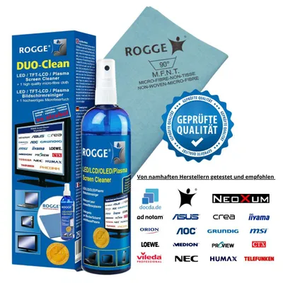 A product shot of screen cleaner and a microfiber cloth, with various brand logos and certifications.