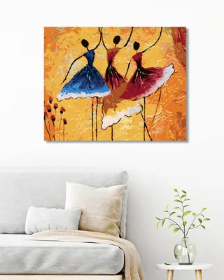 A painting of three dancers is displayed on a wall above a sofa.
