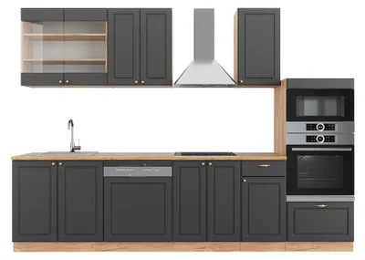 Obrázok produktu pre Kuchynský kút Vicco Fame-Line Antracitový vidiecky dom/zlatokraftový dub 300 cm s vysokou skrinkou, bez pracovnej dosky, Model 38653