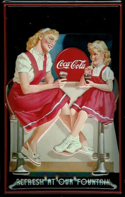 Produktbild von Blechschild Coca Cola Refresh at our Fountain Frau mit Kind Schild Coke retro Werbung
