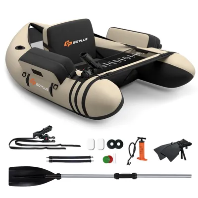 Produktbild von GOPLUS Bellyboot, Belly Boat bis 150 kg belastbar, aufblasbares Schlauchboot zum Angeln mit Alu Paddel, Pumpe,135 x 109 x 54 cm, Beige+Schwarz