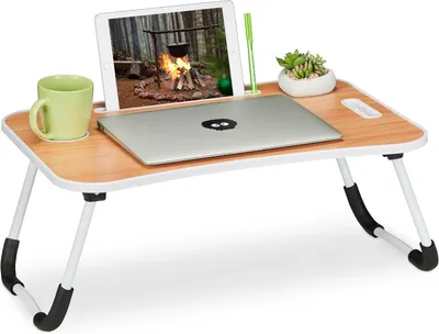 Produktbild von Laptop-Tisch für Bett und Sofa - 26 x 63 x 40 cm - Klappbarer Nachttisch mit Halterung für Tablets - Hellbraun - Weiß