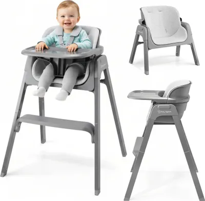 Image de Chaise haute pliable Moby-System NOXI 3 en 1 Gris – Chaise haute pour bébé à partir de 6 mois, 2 hauteurs, avec plateau et harnais 5 points