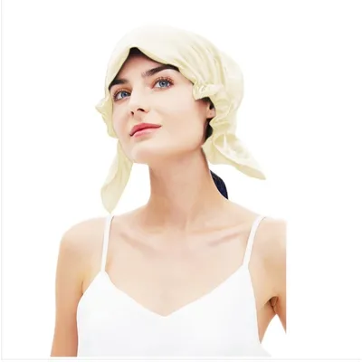 Image de INF Bonnet de nuit en soie fin - Bonnet de sommeil en soie doux et respirant avec bande élastique pour protection des cheveux et chaleur Champagne