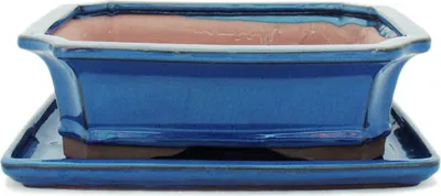 Produktbild von Bonsai-Schale mit Untersetzer, Größe 4 – blau – quadratisch – Modell G4 – L 26 cm – B 20 cm – H 8 cm
