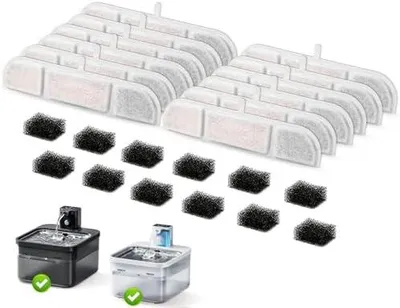 Produktbild von Katzenbrunnen Filter, 12 Stück Filter für Katzenbrunnen und 12 Stück Schwämme und Aktivkohle lonenaustauschharz kompatibel mit 2.5L DownyPaws Trinkbrunnen für Katze Kabellos (DPWFP6)
