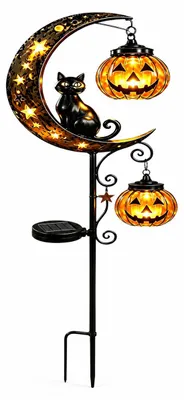 Produktbild von Solar Gartenlampe Halloween, wetterfeste LED Solarleuchte als Gartenstecker mit Fledermaus Kürbis Design für Terrasse Rasen und Garten