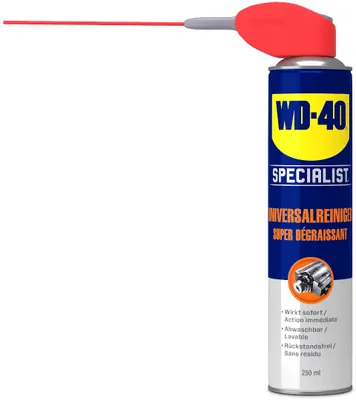 A can of WD-40 Specialist Universalreiniger with its spray nozzle extended.