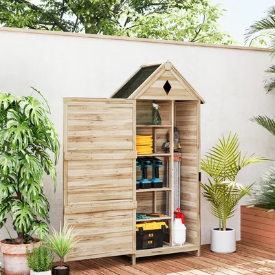 Produktbild von Gartenschrank Tannenholz, Geräteschuppen 4 Regale wetterfest, Gerätehaus Hellbraun, Asphaltdach | 80 x 49 x 170 cm | 21,5 kg | Expansionsdübel