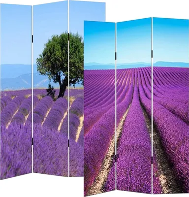 A folding screen displaying a lavender field with a tree on one side and rows of lavender on the other.
