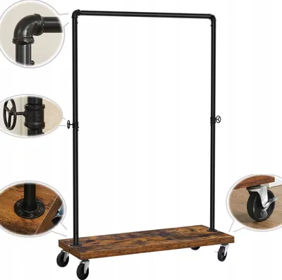 Obrázek produktu pro BEGRYF Věšák na kabáty na kolečkách s dřevěnou policí, nosnost 90 kg, nastavitelná výška 142-162 cm, průmyslový design věšák na kabáty kov dřevo