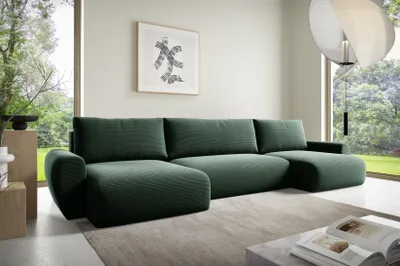 Produktbild von Ecksofas in U-Form ANTONIO MINI BOSS U 397x153cm, Wohnlandschaft mit Schlaffunktion & Bettkästen, Eckarniutur / Bezug - Cord in Grün