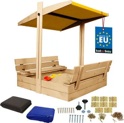 Produktbild von KOTARBAU® Sandkasten mit Abdeckung 100 x 100 cm Großer Naturfarbe Holzsandkasten mit Gelb Dach Sandkasten mit Deckel Sandkasten mit Dach Gartenspielzeug Kinder imprägniert verschließbar mit Bänken