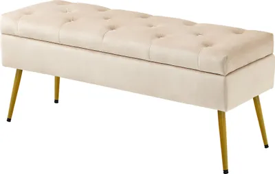 Produktbild von Stauraum-Sitzbank in Samtoptik, gepolsterter Fußhocker mit getuftetem Design, Metallrahmen, 102 x 35 x 43 cm, Beige