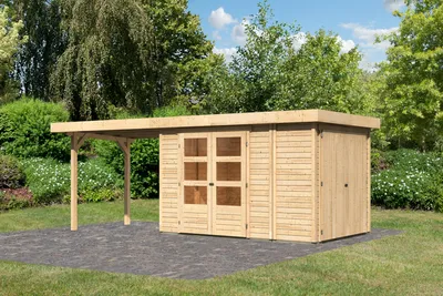 Produktbild von Karibu Gartenhaus Gerätehaus Retola 3 inkl. Anbauschrank und Anbaudach 2,80 m Breite naturbelassen 574x217x211 cm