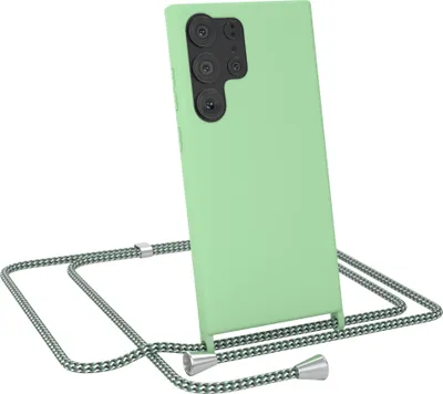 Produktbild von EAZY CASE Handykette kompatibel mit Samsung Galaxy S23 Ultra Handyhülle zum Umhängen, Silikon Hülle mit Band, Schutzhülle mit Ersatzkordel, Stylische Kette für Smartphone, Grün / Hell Grün Camouflage