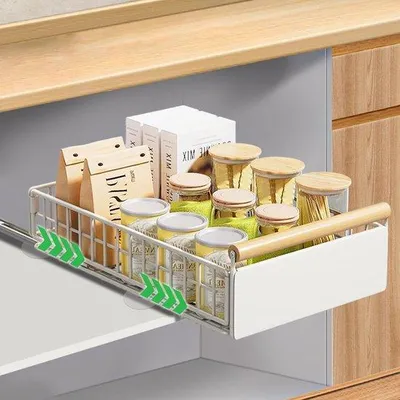 Obrázek produktu pro Unyqoos® výsuvný organizér do zásuvek bez vrtání pro kuchyňské skříňky v bílém provedení