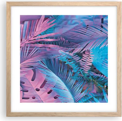 Produktbild von Gerahmtes Poster - Rahmen in heller Eiche - Blätter Rosa Blau - 40x40 cm - Wand Bild - Wanddeko - Wandbilder - Kunstposter - Wandposter - Bilderrahmen - Bilder - Kunstdruck - P2NAC40x40-4401