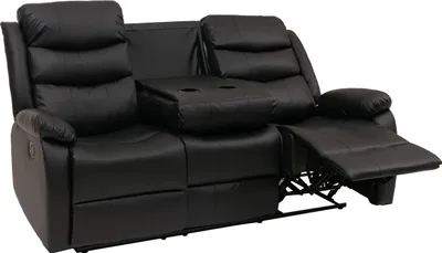 A black leather recliner sofa with a cup holder in the middle, shown from a slight angle with one side reclined.