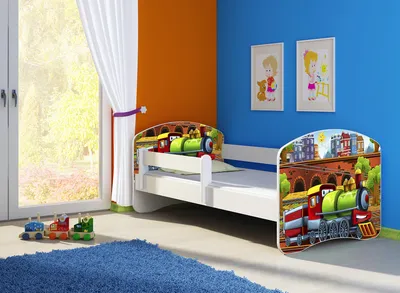Produktbild von Kinderbett, Babybett 70x140, 80x160, 80x180cm Juniorbett, Kind, Motiv, Schublade CLAMARO, Bett Farbe:44 Lokomotive, Ausführung:Ohne Bettkasten, Bett Größe:140 x 70 cm