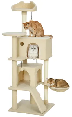 Image de Arbre à chat - Hamac - Échelle - Cabane - 2 boules en peluche - Poteaux en sisal - Beige