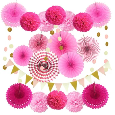 Productafbeelding van Feestdecoratieset, 21 stuks: roze papieren pompons, waaierdecoraties, vlaggetjes en een guirlande