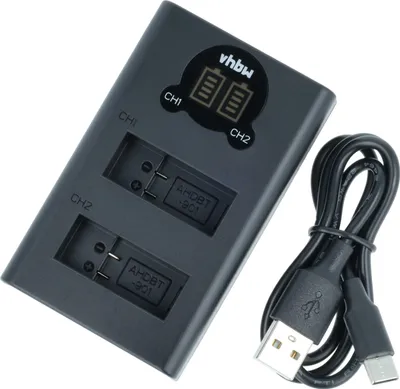 Produktbild von vhbw Dual Micro-USB + USB-C Ladegerät kompatibel mit GoPro Hero 9 AHDBT-901, 9, 10 Kamera - Ladeschale + USB-C Kabel Ladeanzeige + Display