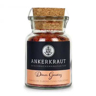 Produktbild von Ankerkraut Döner Gewürz, Pulverförmige Gewürze, Basilikum, Schwarzer Pfeffer, Chili, Kreuzkümmel, Knoblauch, Oregano, Meersalz, Süßer Paprika, Konservierungsmittel, 80 g, Glaskanne, 1 Stück(e)